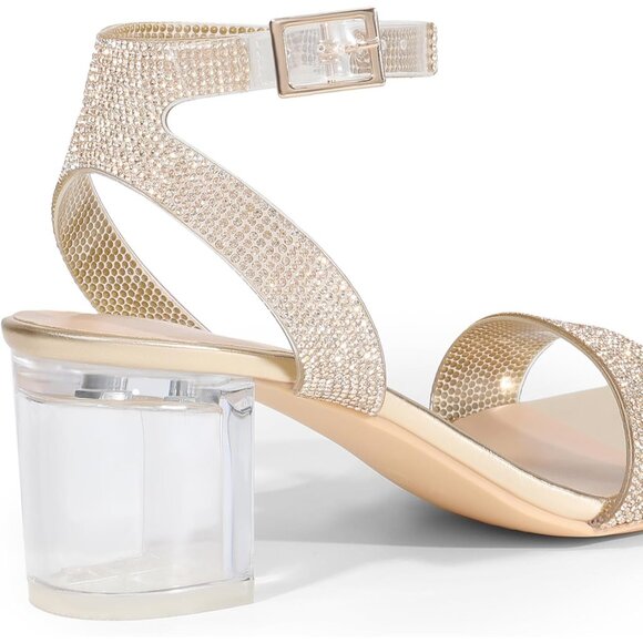 Dream Pairs Womens Gold Clear Faux Suede Rounded Toe Ankle Strap Heeled Sandal - Picture 2 of 6